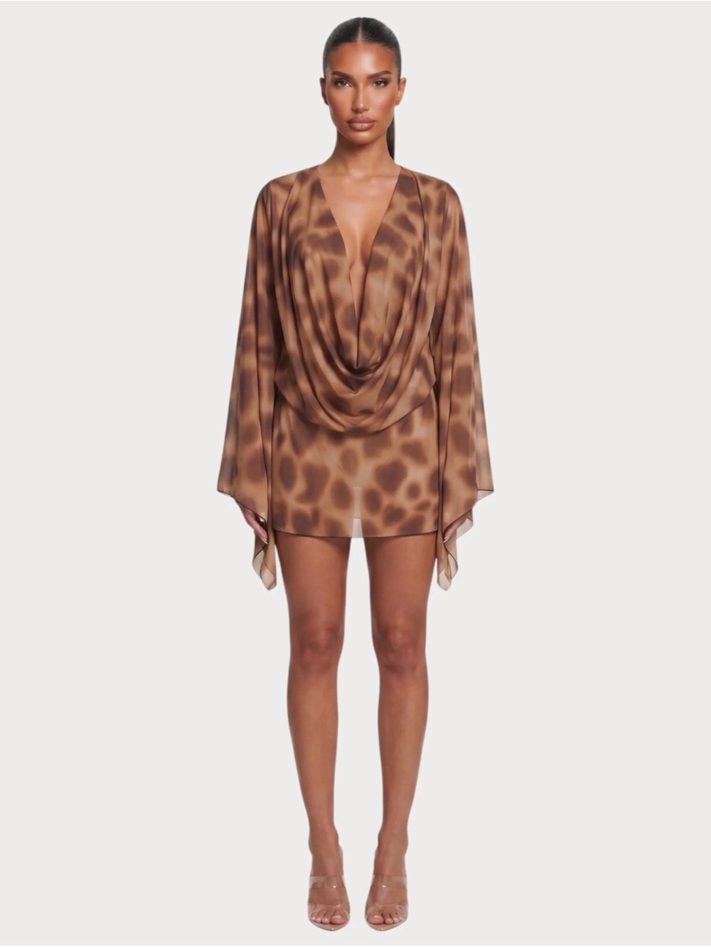 Women’s Animal-Print Sexy Draped Plunge Cover-Up Tunic Brown/Tan Size-S NIB